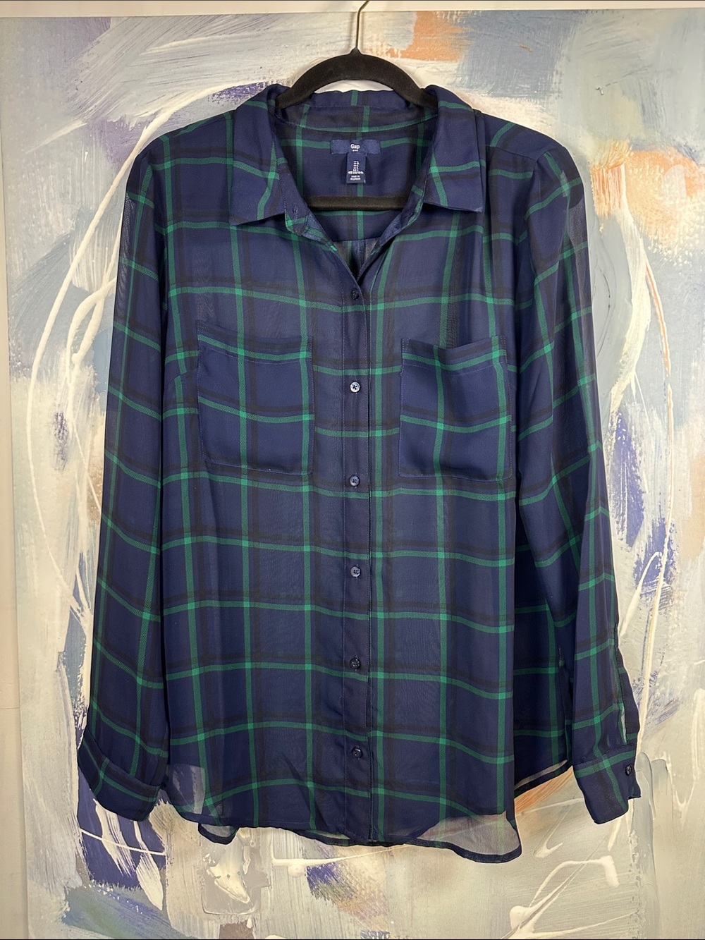 GAP Sheer Plaid Button Down Shirt Women’s Large Navy Green Long Sleeve Pocket